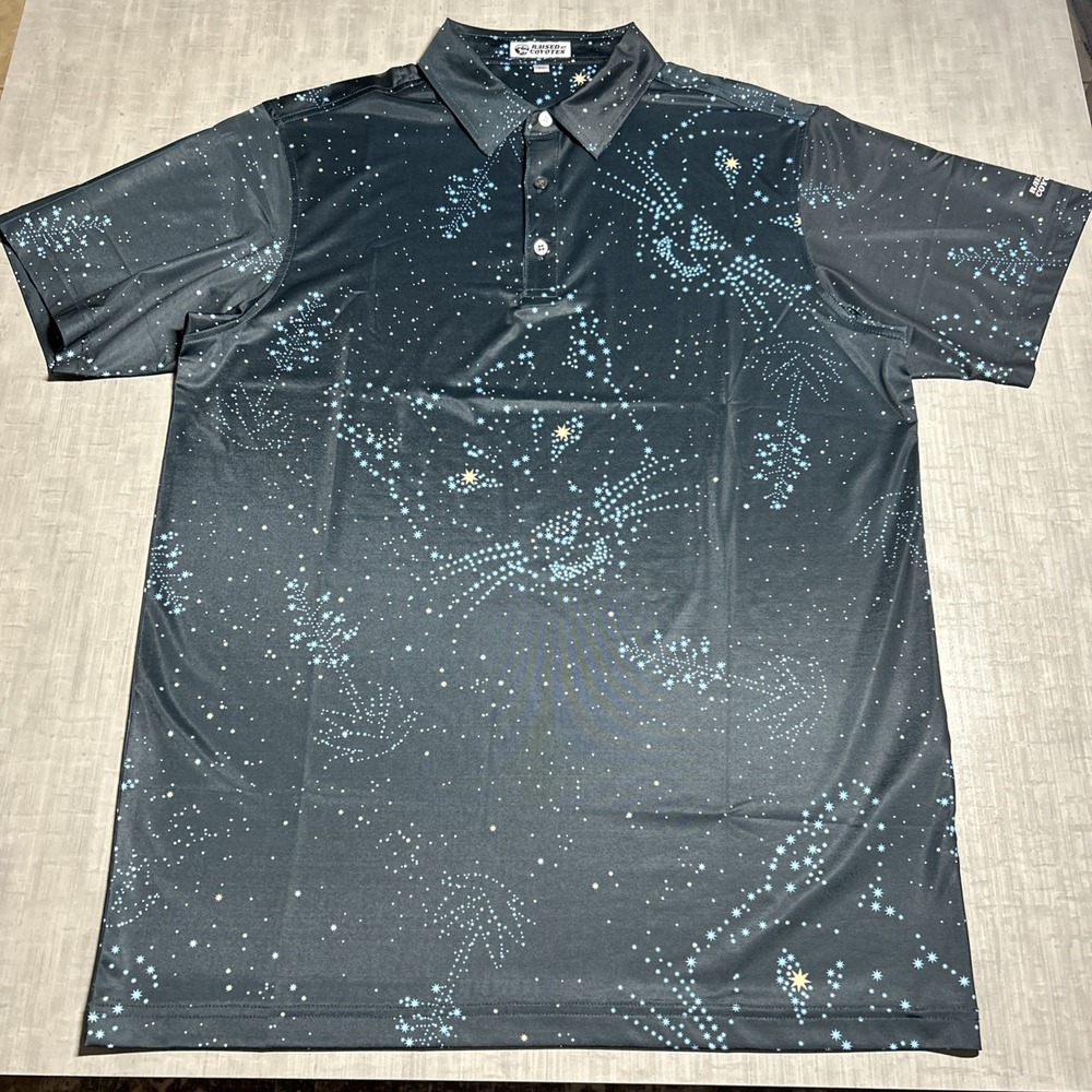 Raised By Coyotes Polo Shirt Mens Medium Blue Cat Constellation Golf Performance